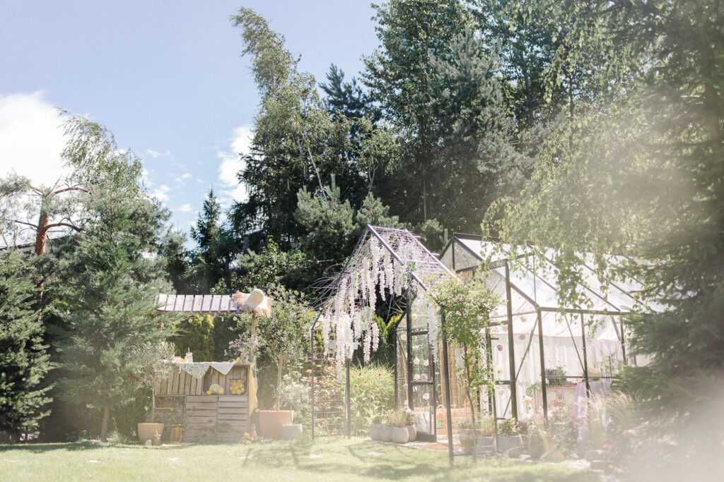 fotografia rodzinna żywiec - ujęcie z sesji rodzinnej w szklarni z cytrynową aranżacją, rodzina uśmiecha się, ciesząc się wspólnie spędzonym czasem.